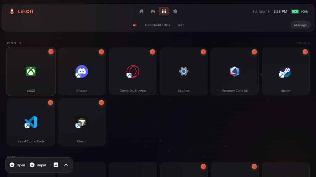 Apps tab with pinned desktop apps in a grid