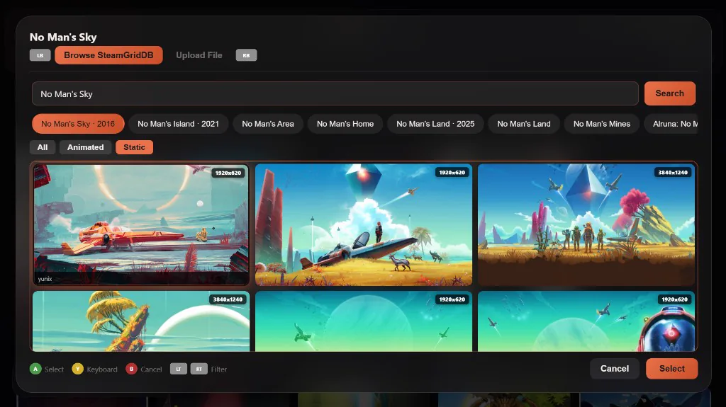 SteamGridDB art browser for a game, with search, animated and static filters, and hero art thumbnails