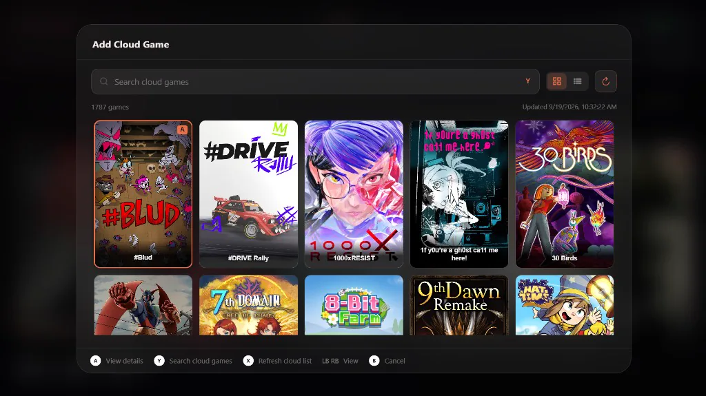 Add Cloud Game catalog with a search field and a grid of cloud titles