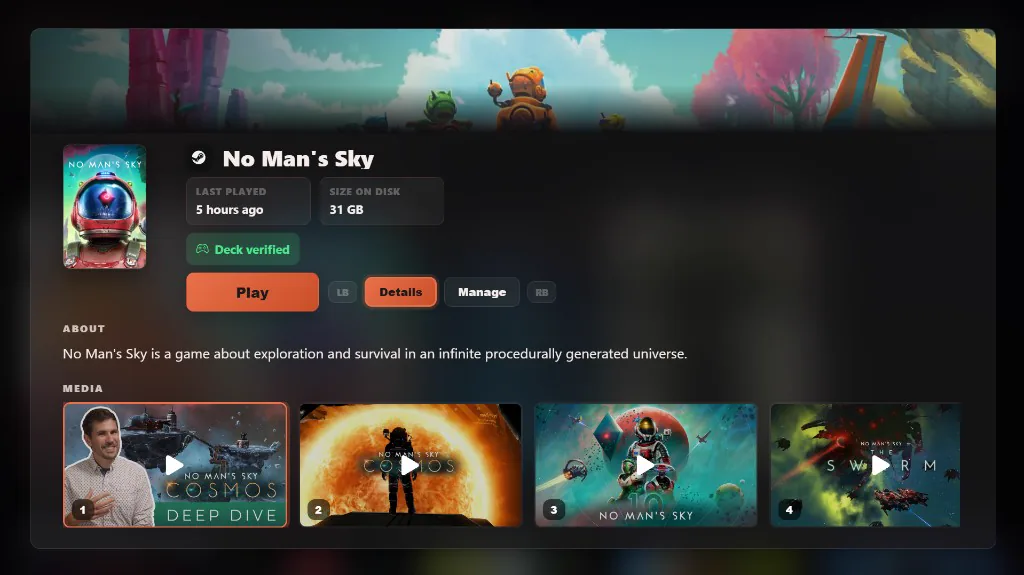 Game details for an installed game with Play, Details, and Manage, a description, and media trailers