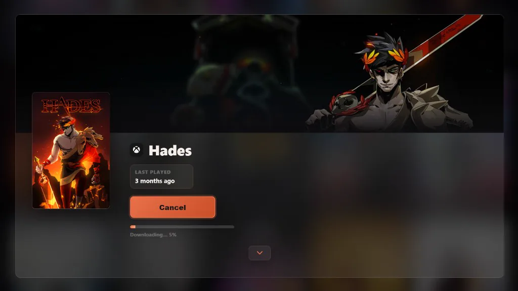 A game installing from inside LiftOff, showing a 5 percent download progress bar and a Cancel button