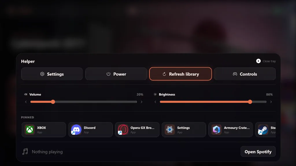 Helper tray with Settings, Power, Refresh library, Controls, volume and brightness sliders, and pinned apps