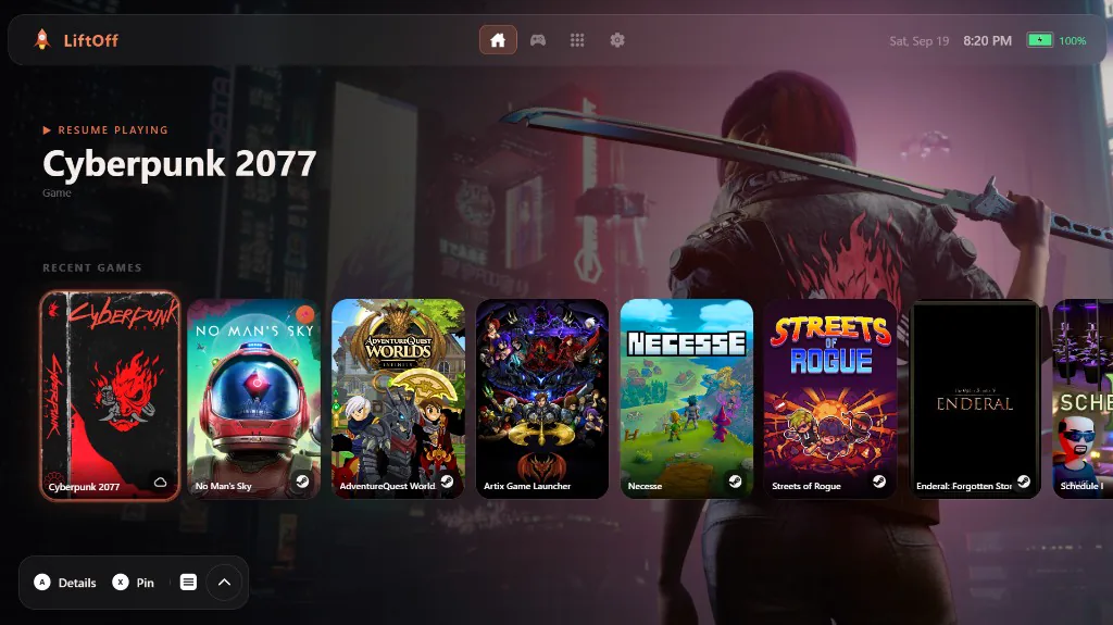 LiftOff Home tab showing a recently played game's hero art above a row of recent game covers