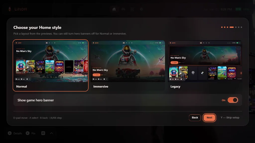 First-run setup Home style picker with Normal, Immersive, and Legacy previews