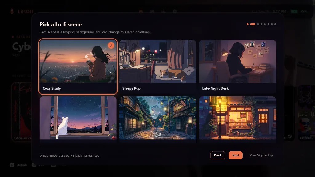 First-run setup Lo-fi scene picker with Cozy Study selected among six looping backgrounds