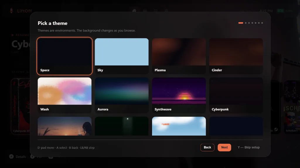First-run setup theme picker showing Space, Sky, Plasma, and other theme cards