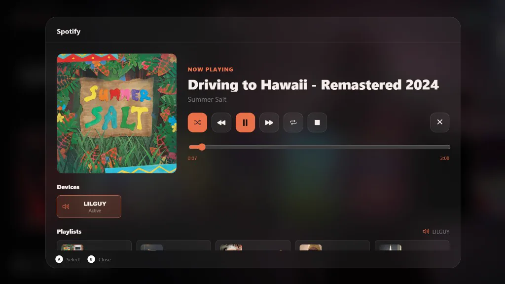 Spotify overlay showing now playing, playback controls, an active device, and playlists