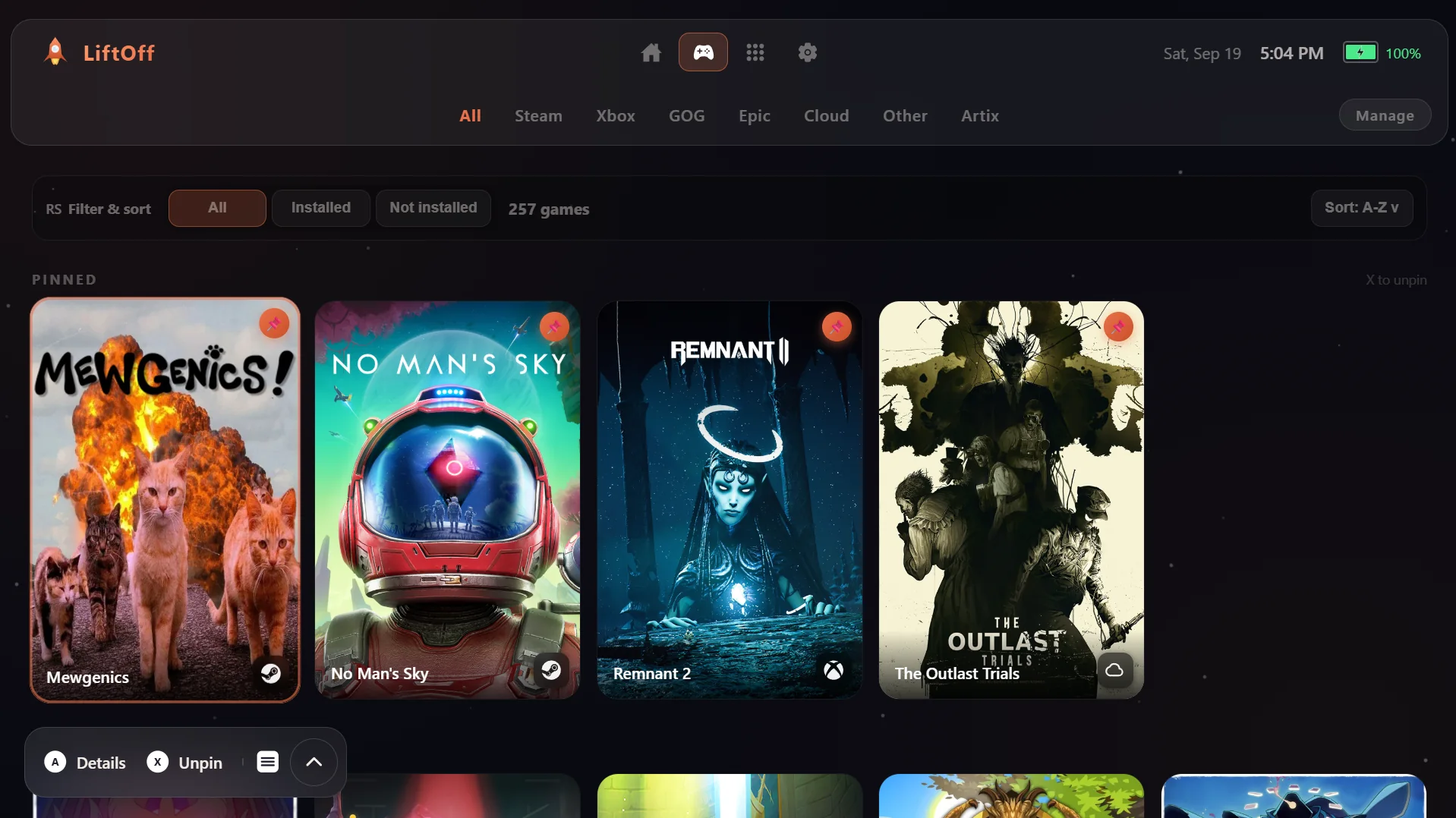 LiftOff Games tab in the Space theme with the Ember accent